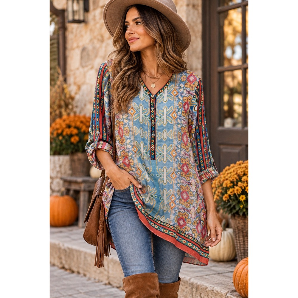 Johnny Was 100% Silk Boho Print Tunic Blouse Blue Multicolor S